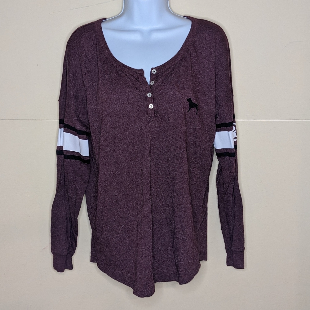 PINK Long Sleeve Tee (Henley Style) in Maroon